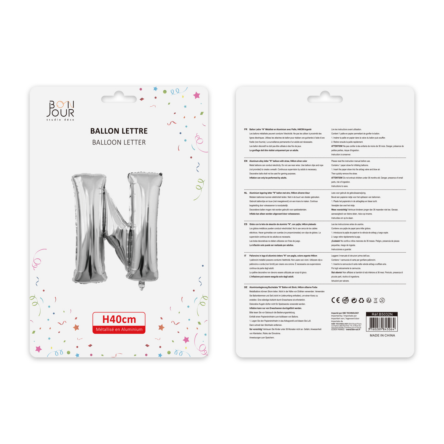 Ballon Lettre N Argent Hauteur 40cm - Bonjour Studio Déco