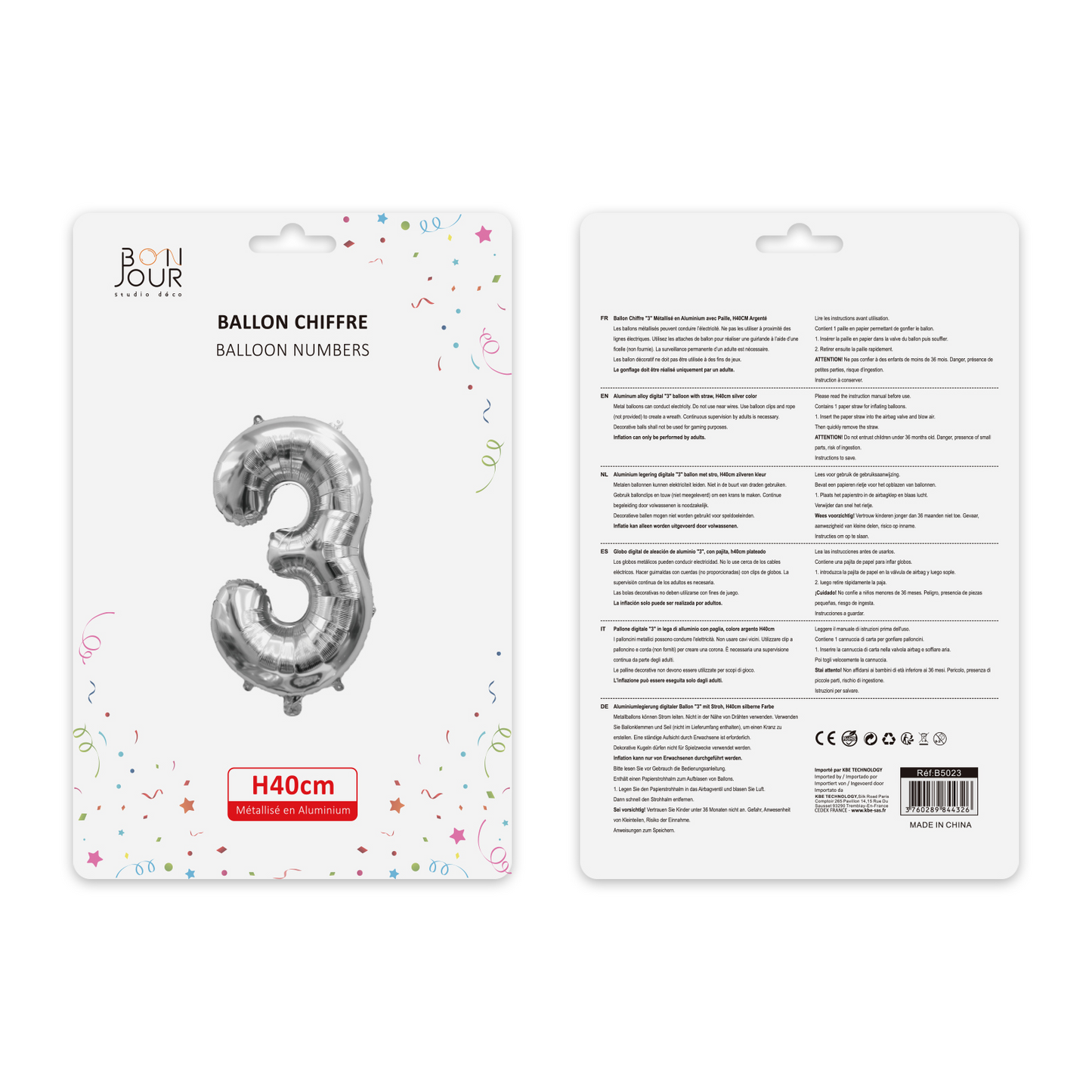 Ballon Chiffre 3 Argent Hauteur 40cm - Bonjour Studio Déco