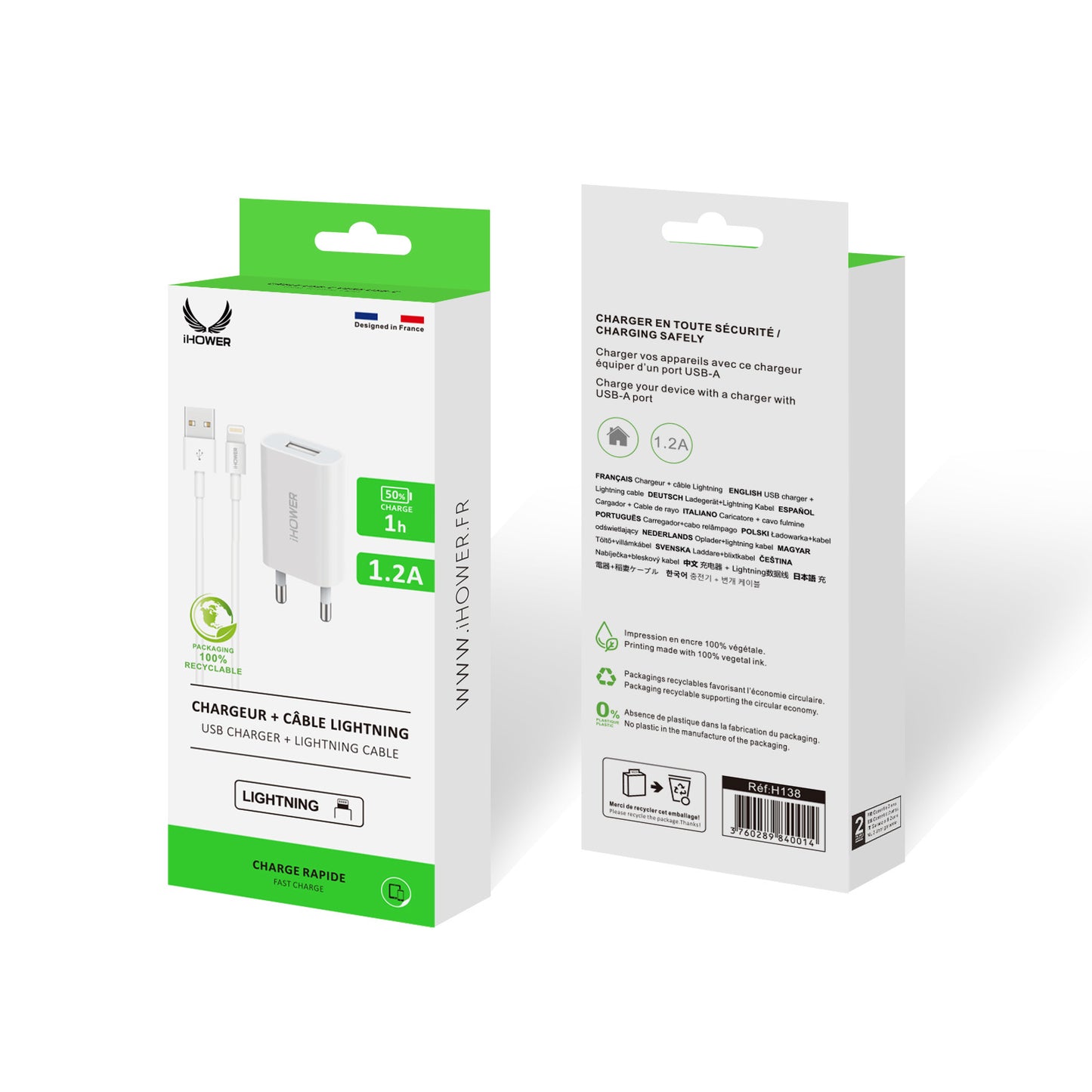 H138 Chargeur 1.2A + Câble Lightning 1 Mètre Blanc - iHower