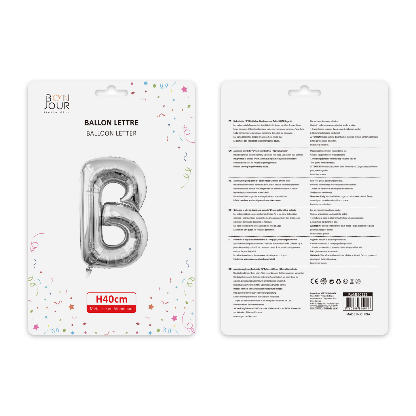 Ballon Lettre B Argent Hauteur 40cm - Bonjour Studio Déco