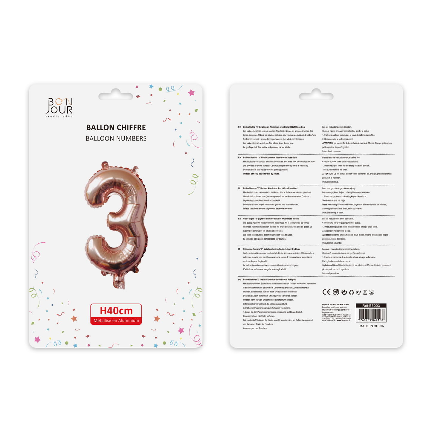 Ballon Chiffre 3 Rose Gold Hauteur 40cm - Bonjour Studio Déco