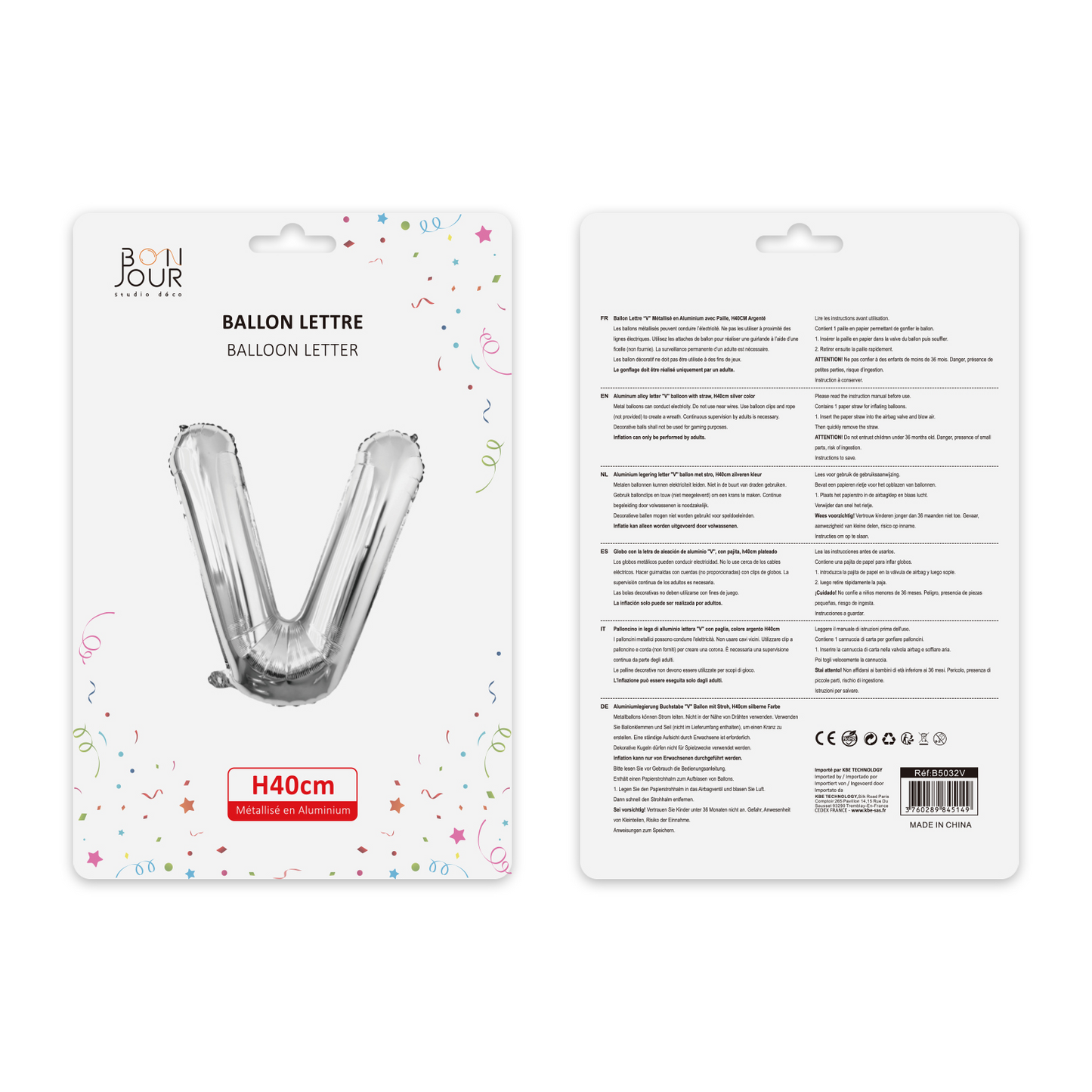 Ballon Lettre V Argent Hauteur 40cm - Bonjour Studio Déco