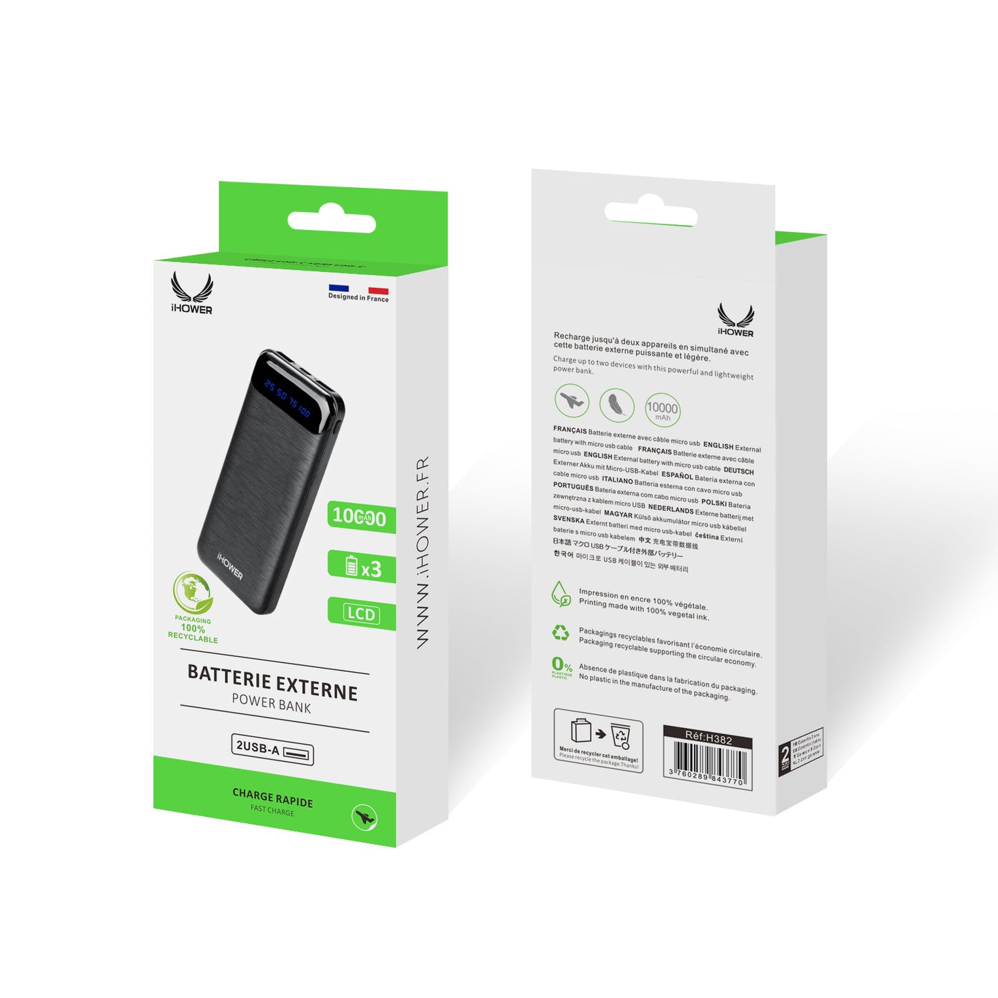 H382 Batterie Externe 10000mAh Noir - iHower