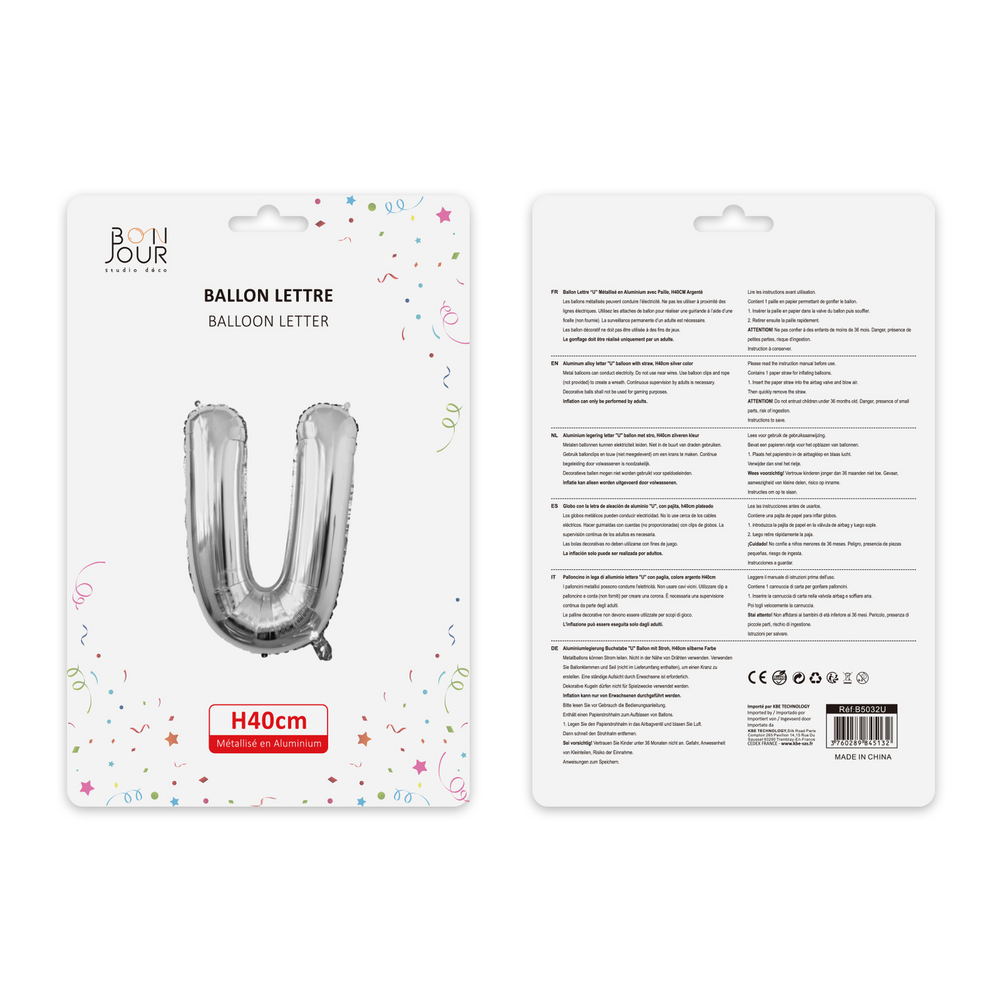 Ballon Lettre U Argent Hauteur 40cm - Bonjour Studio Déco