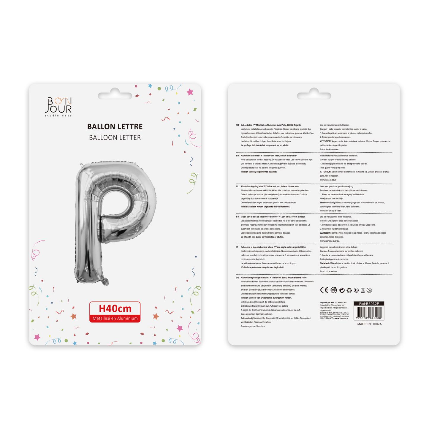 Ballon Lettre P Argent Hauteur 40cm - Bonjour Studio Déco