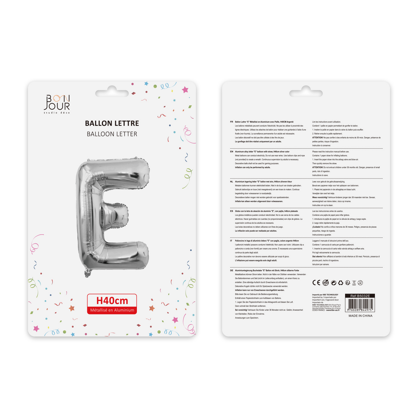 Ballon Lettre E Argent Hauteur 40cm - Bonjour Studio Déco