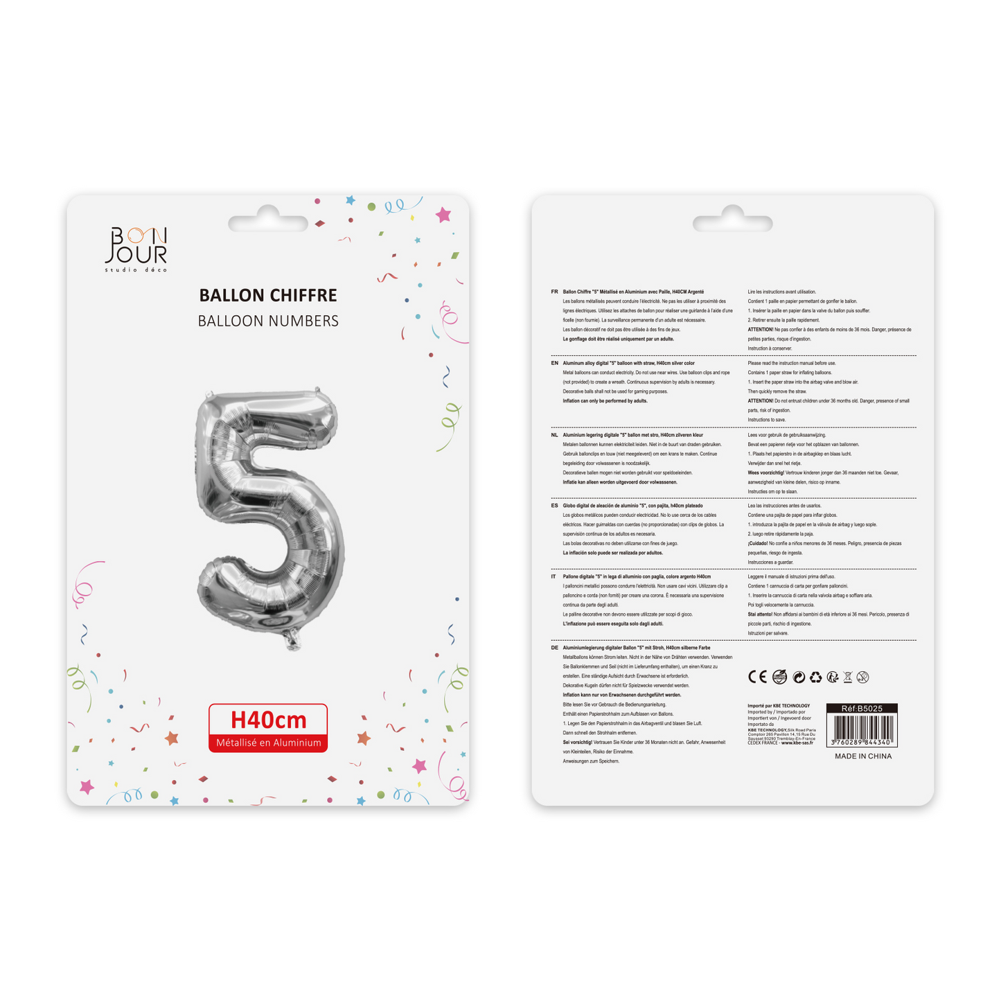 Ballon Chiffre 5 Argent Hauteur 40cm - Bonjour Studio Déco