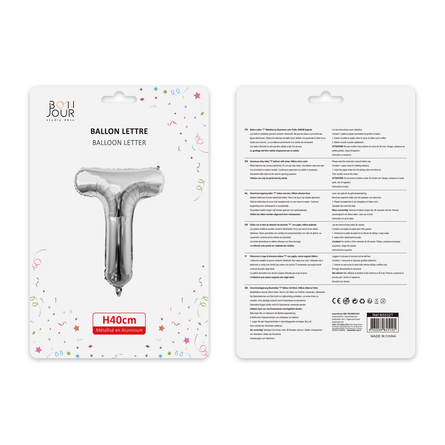 Ballon Lettre T Argent Hauteur 40cm - Bonjour Studio Déco