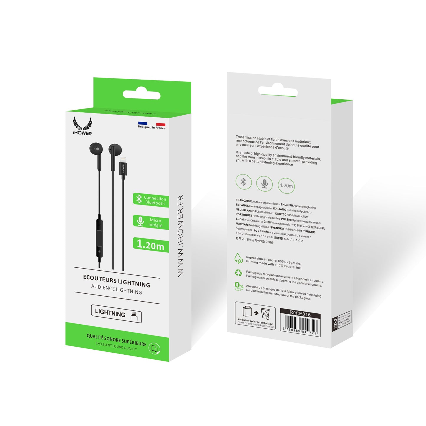 E316 Écouteurs Lightning Noir - iHower