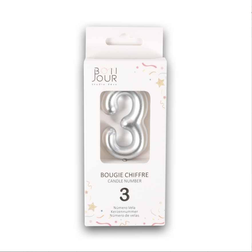 Bougie Chiffre 3 Argent - Bonjour Studio Deco