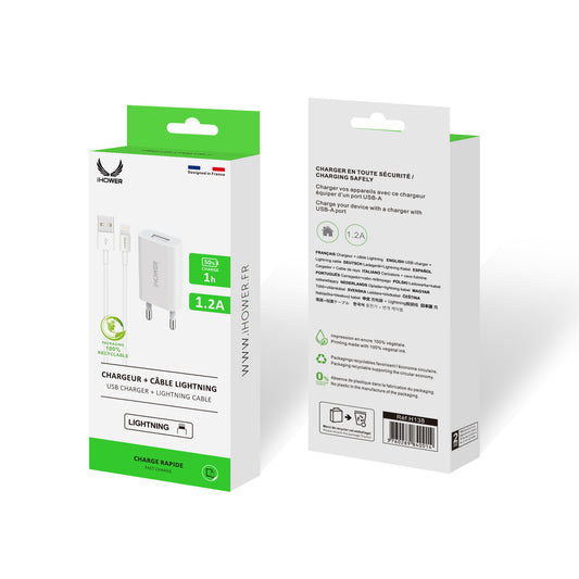 H138 Chargeur 1.2A + Câble Lightning 1 Mètre Blanc - iHower