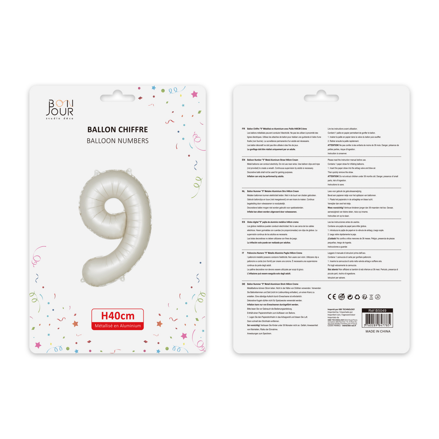 Ballon Chiffre 9 Blanc Crème Hauteur 40cm - Bonjour Studio Déco