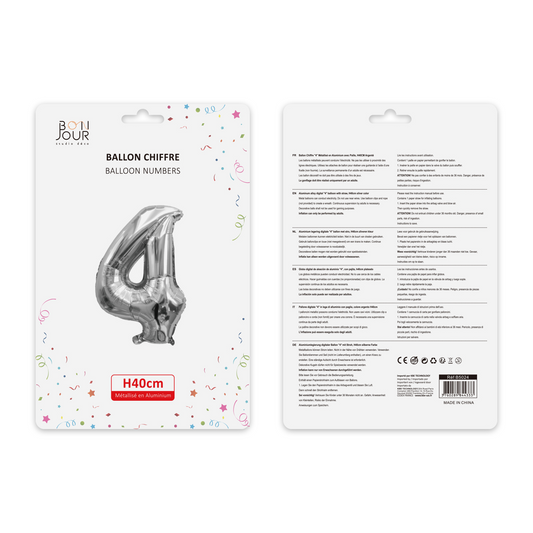 Ballon Chiffre 4 Argent Hauteur 40cm - Bonjour Studio Déco