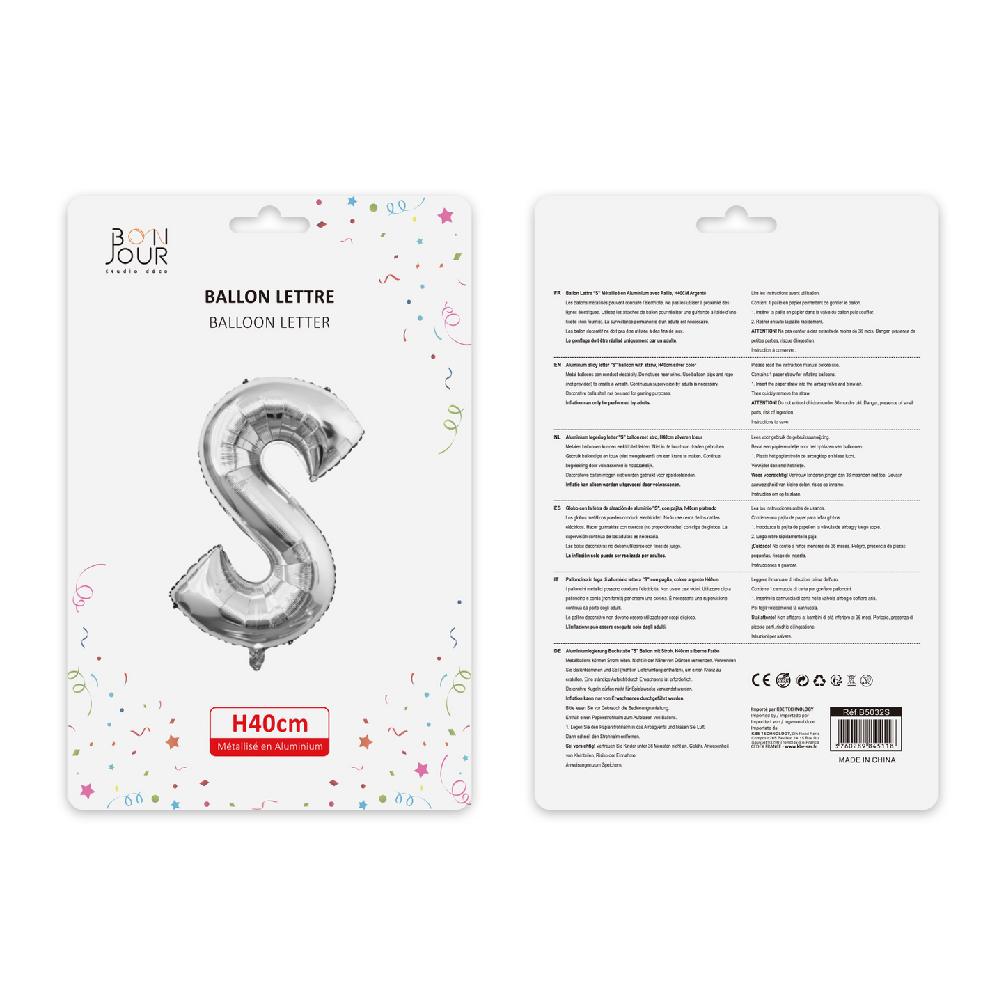 Ballon Lettre S Argent Hauteur 40cm - Bonjour Studio Déco