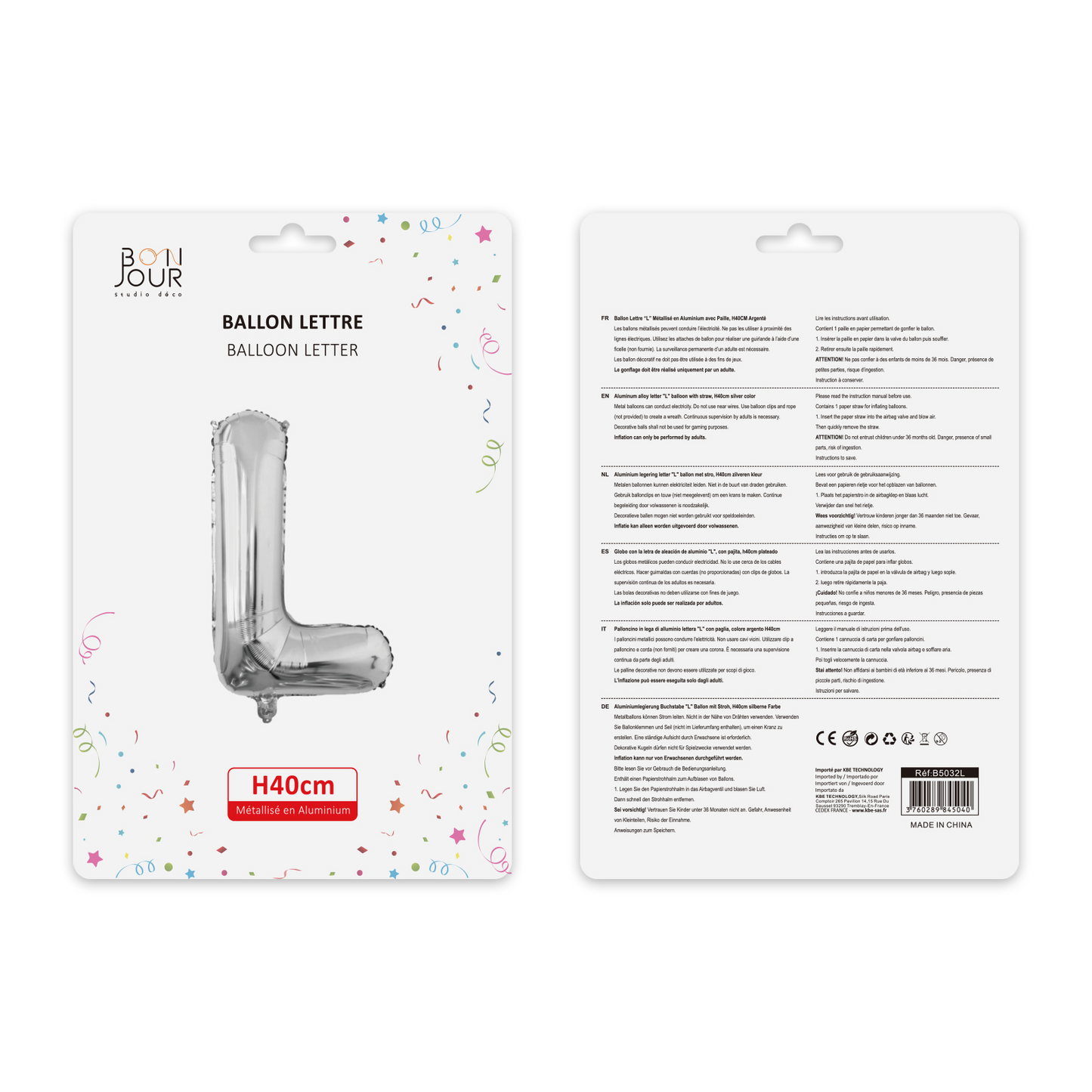 Ballon Lettre L Argent Hauteur 40cm - Bonjour Studio Déco