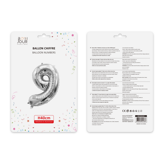 Ballon Chiffre 9 Argent Hauteur 40cm - Bonjour Studio Déco