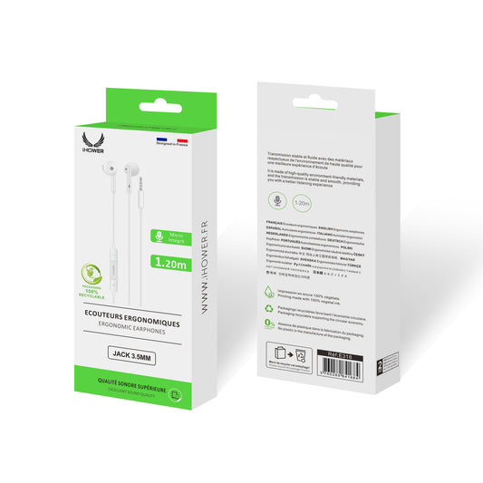 E318 Écouteurs Ergonomiques Jack 3.5mm Blanc - iHower