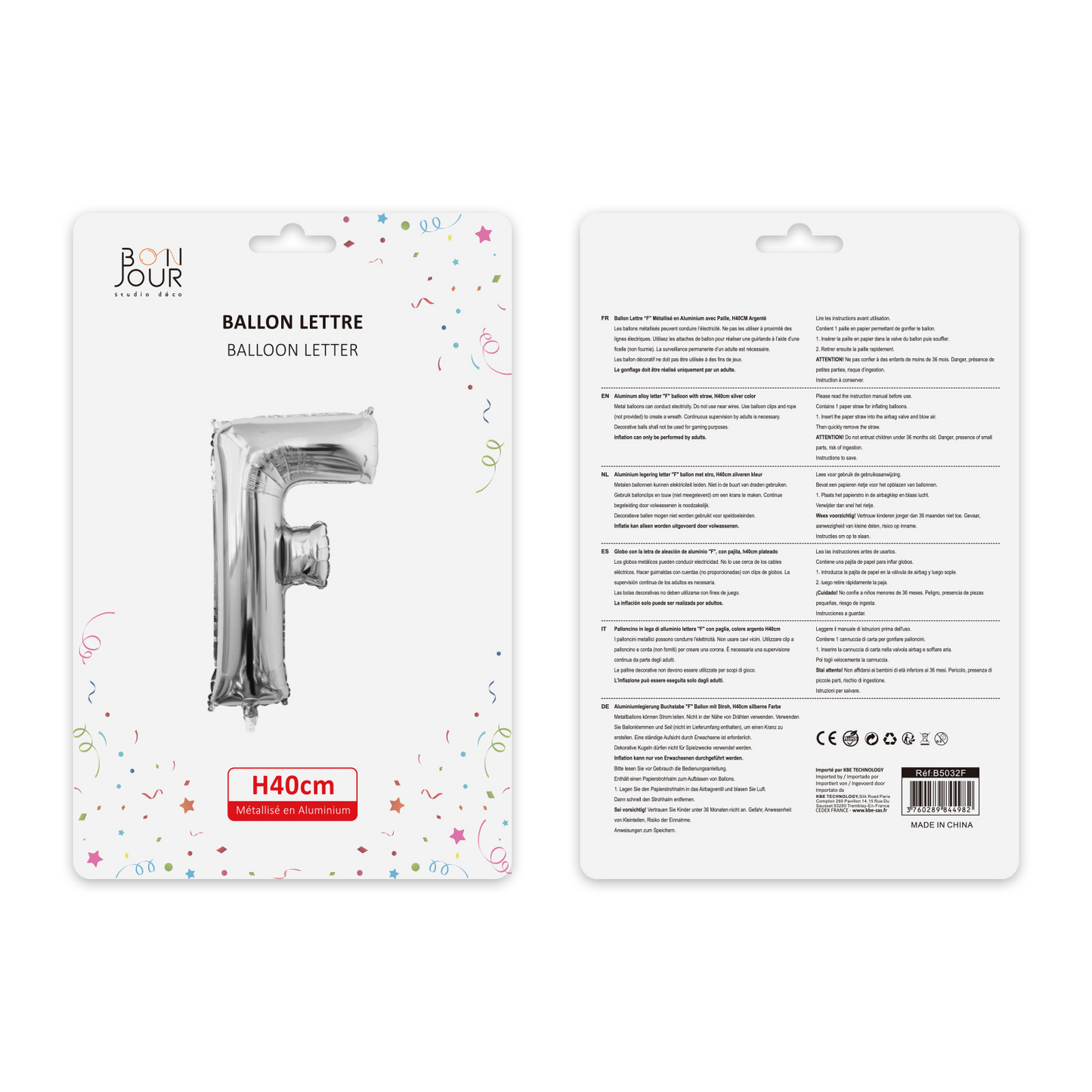 Ballon Lettre F Argent Hauteur 40cm - Bonjour Studio Déco