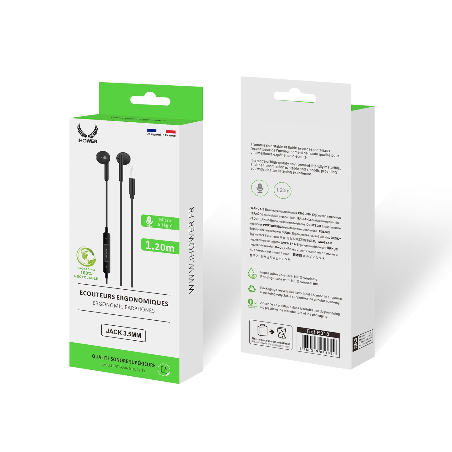 E318 Écouteurs Ergonomiques Jack 3.5mm Noir - iHower