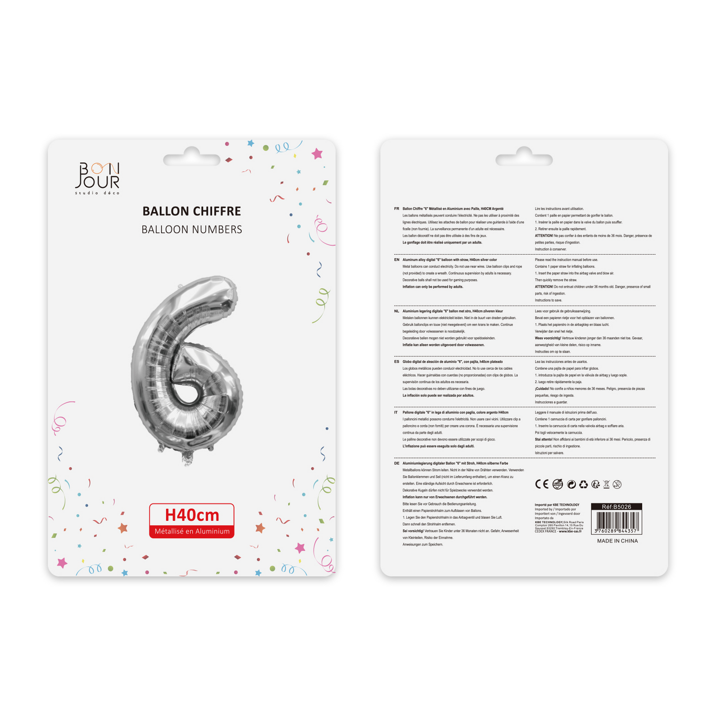 Ballon Chiffre 6 Argent Hauteur 40cm - Bonjour Studio Déco