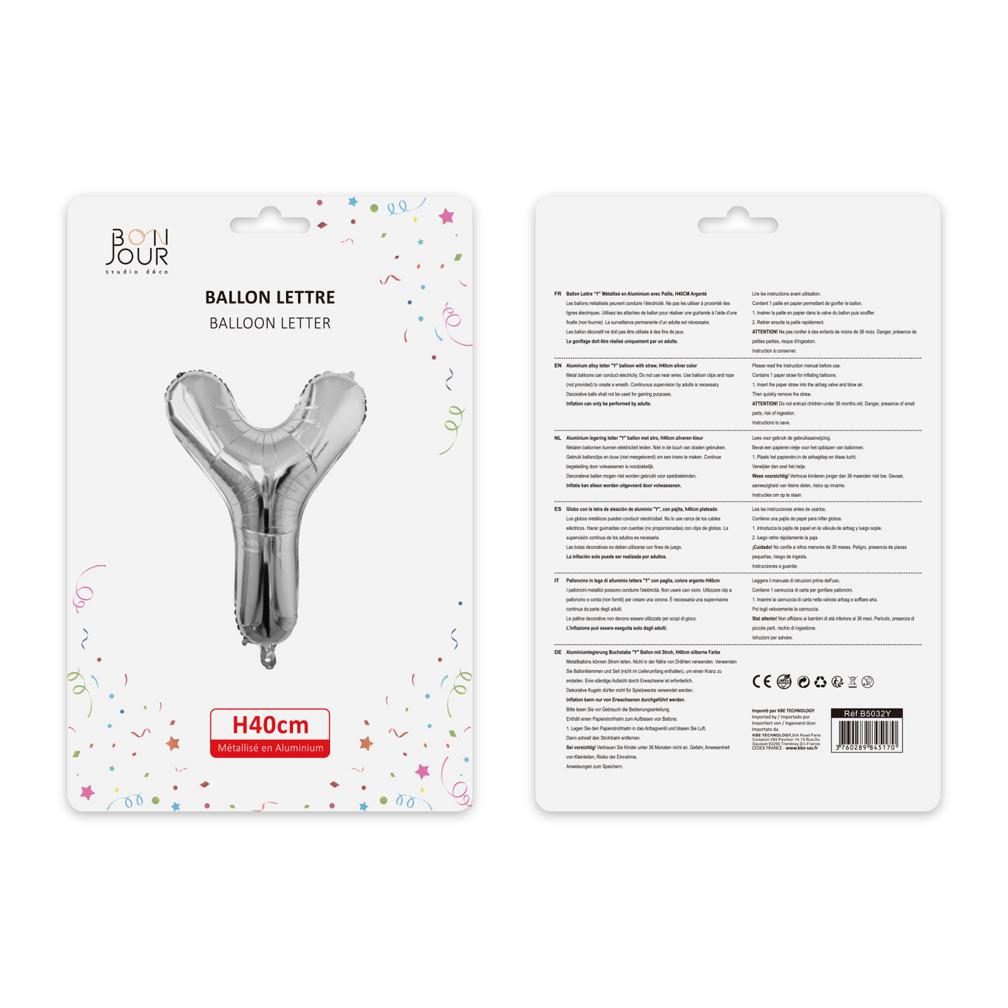 Ballon Lettre Y Argent Hauteur 40cm - Bonjour Studio Déco